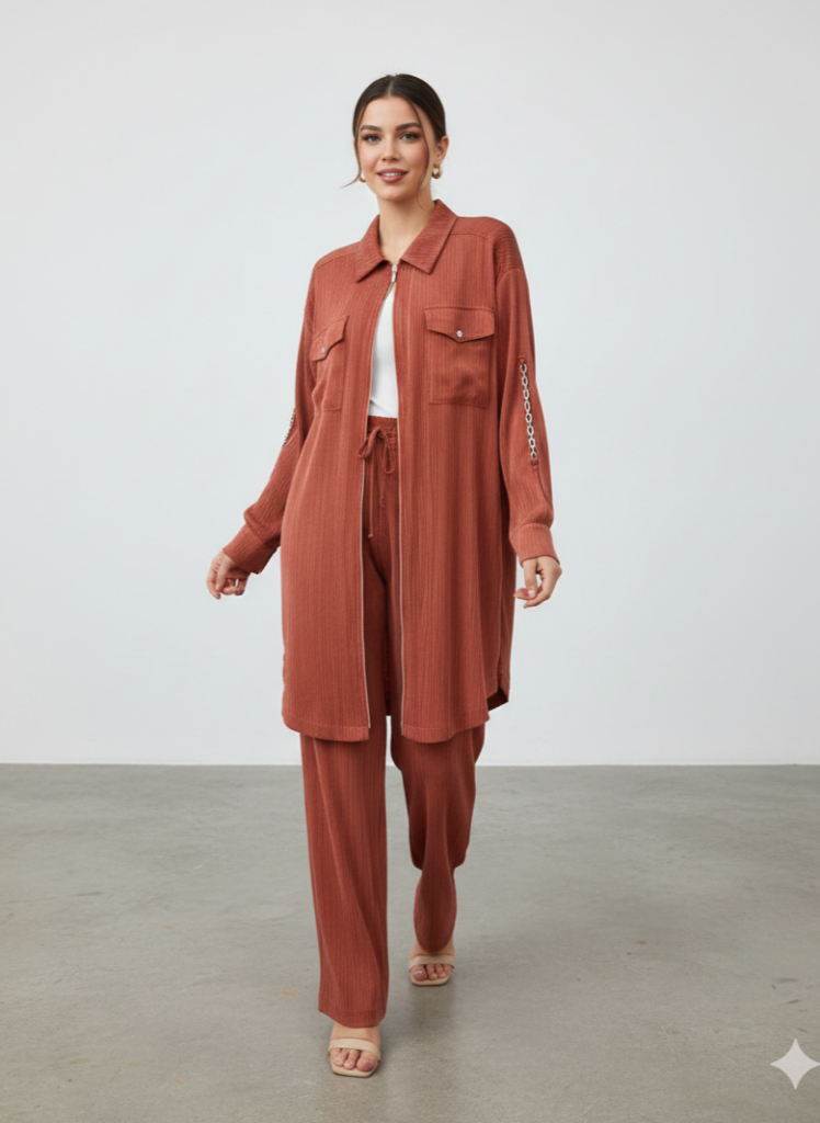 KAYRA Kolu Zincir Detaylı Pantolonlu Takım  76012 - KİREMİT