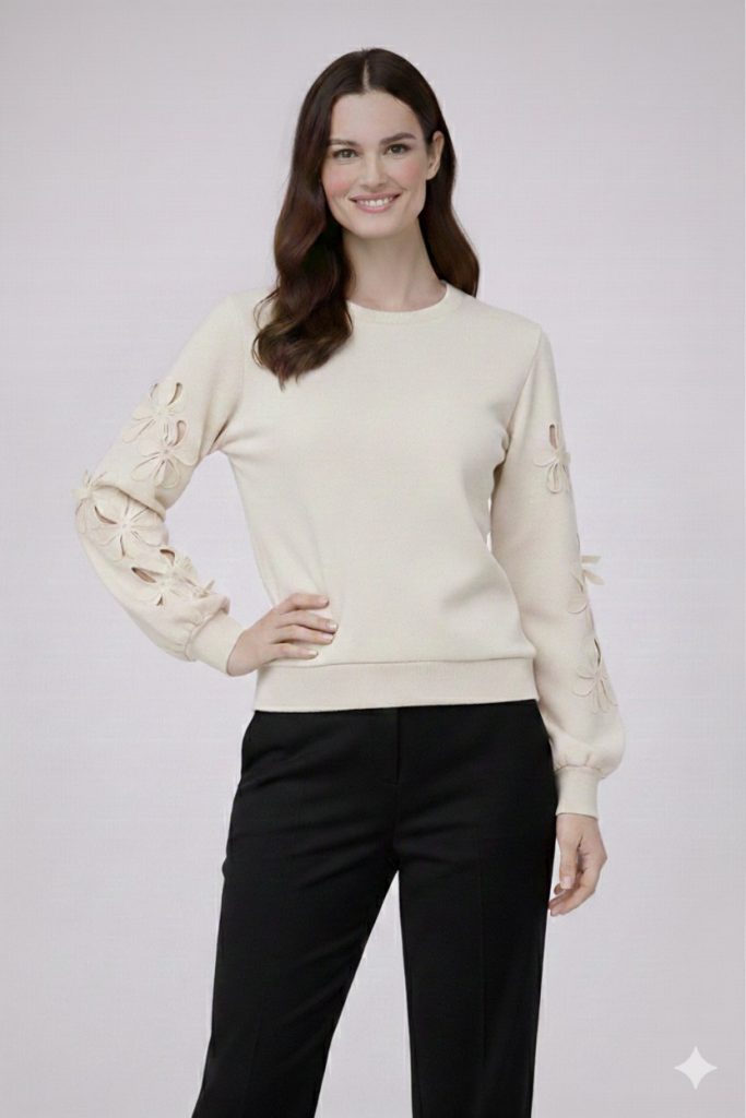 ON TRİKO Çiçek Detaylı Sweat 70351 - EKRU