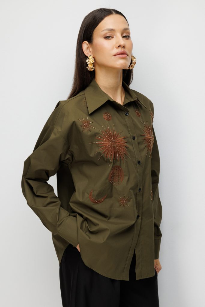 EKOL İşlemeli Oversize Pamuk Gömlek 2818 - HAKİ