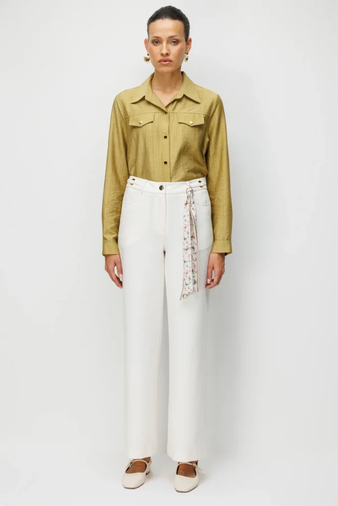 EKOL Beli Metal Aksesuarlı Bol Paça Pantolon  4010 - EKRU