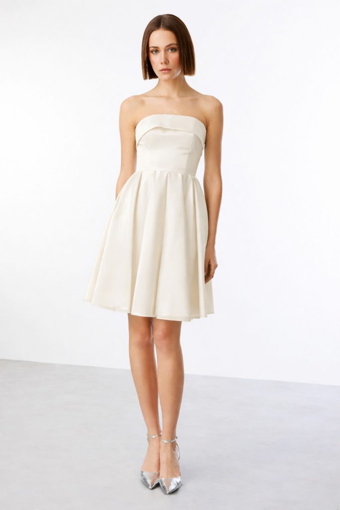 EKOL Eteği Piliseli Straplez Elbise 5096 - EKRU