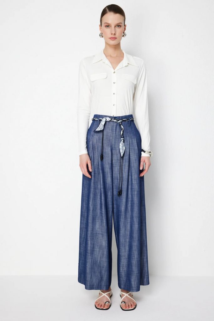 ON TRİKO Beli Kuşaklı Geniş Paça Pantolon 74119 - İNDİGO