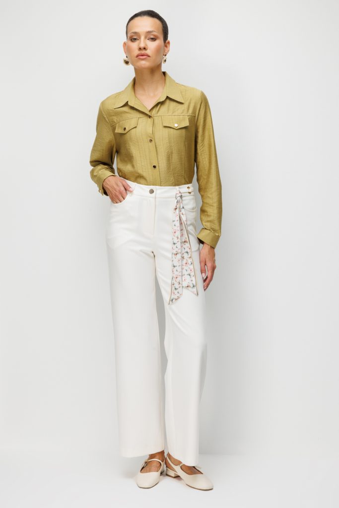 EKOL Beli Metal Aksesuarlı Bol Paça Pantolon  4010 - EKRU