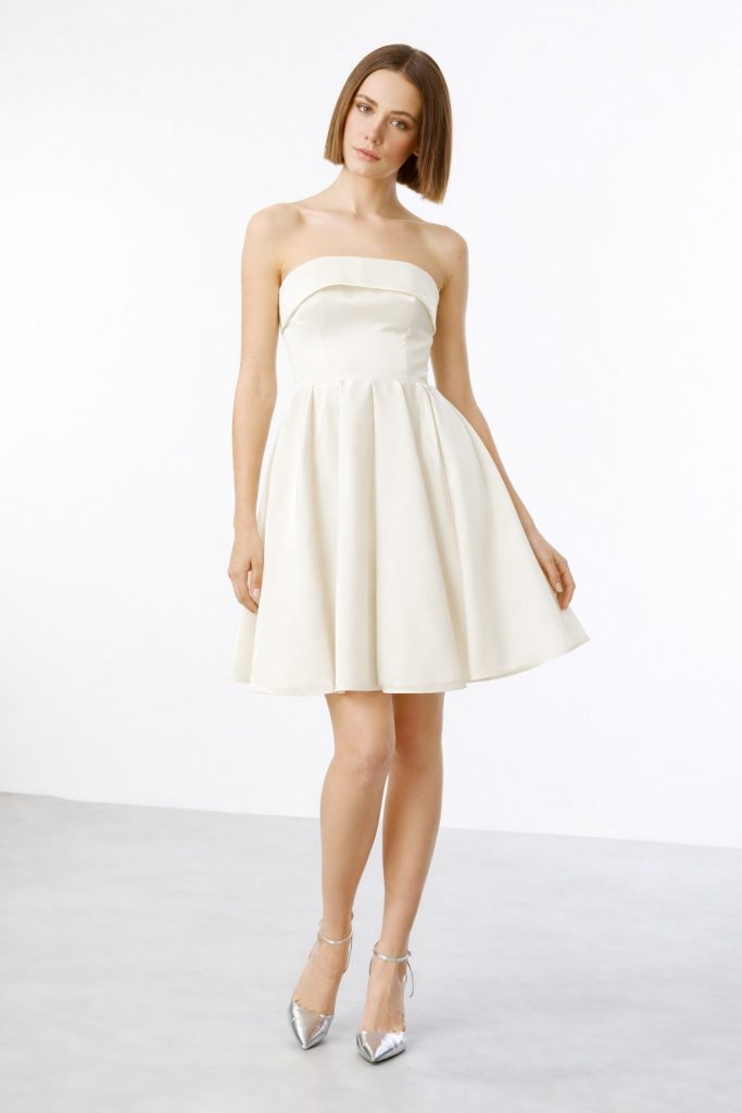 EKOL Eteği Piliseli Straplez Elbise 5096 - EKRU