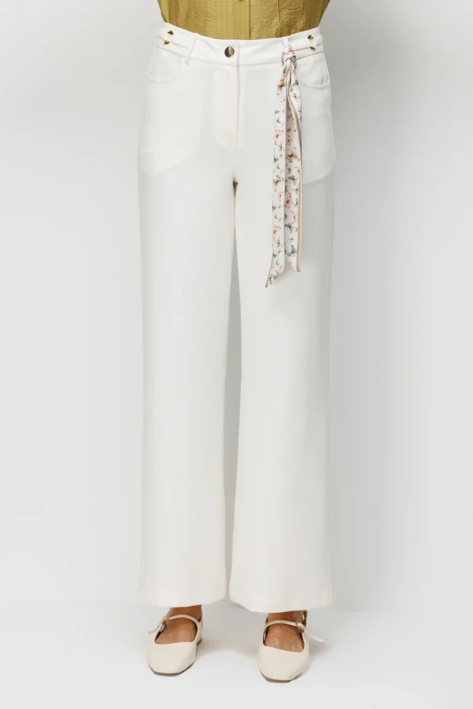 EKOL Beli Metal Aksesuarlı Bol Paça Pantolon  4010 - EKRU