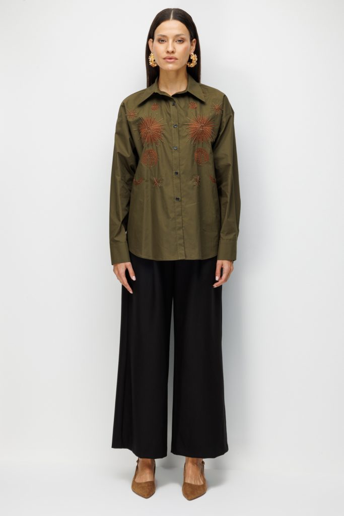 EKOL İşlemeli Oversize Pamuk Gömlek 2818 - HAKİ