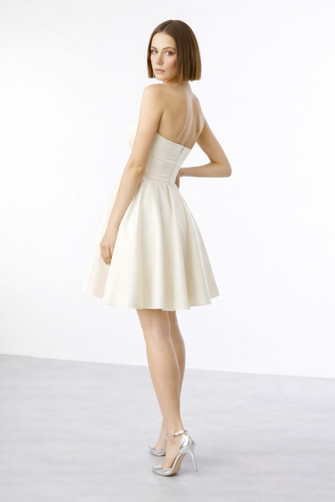 EKOL Eteği Piliseli Straplez Elbise 5096 - EKRU