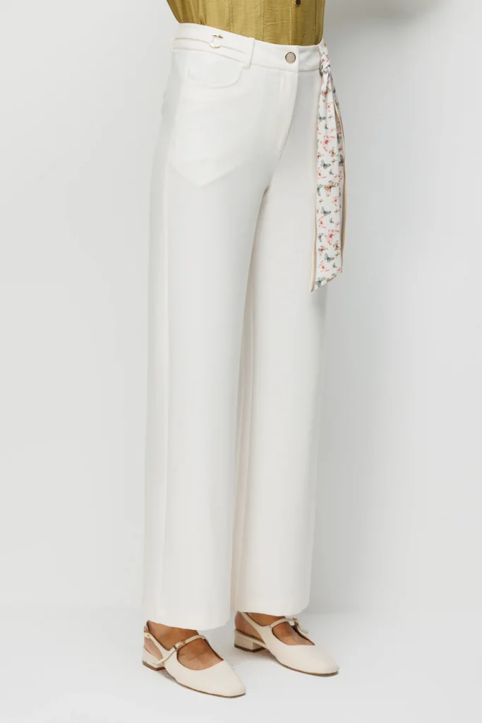 EKOL Beli Metal Aksesuarlı Bol Paça Pantolon  4010 - EKRU