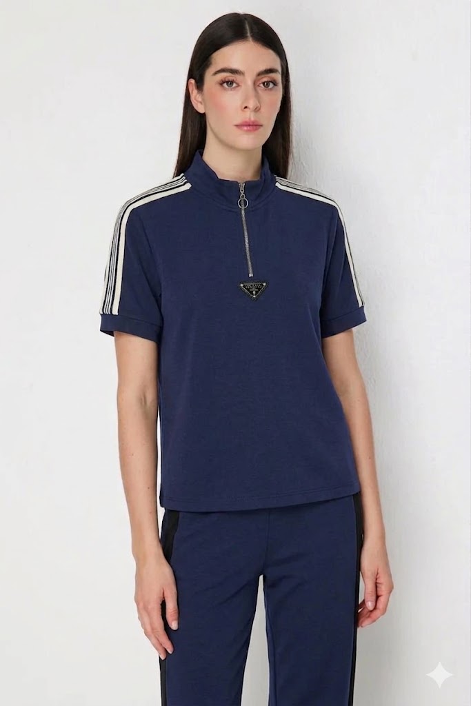 ON TRİKO Fermuar Detaylı T-shirt 76335 - Lacivert