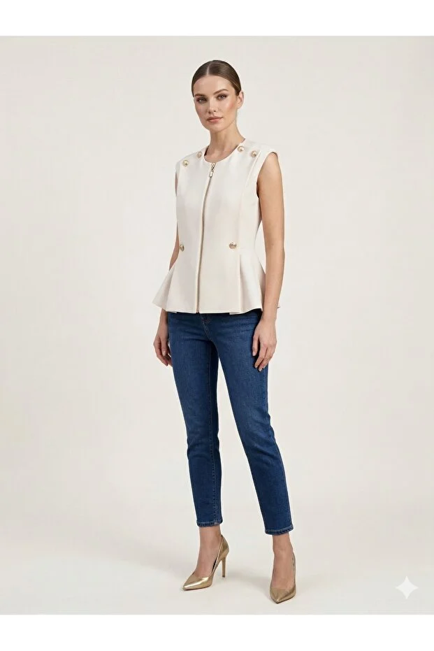 EKOL Süs Düğmeli Sıfır Yaka Yelek 1002 - BEJ