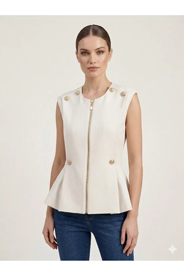 EKOL Süs Düğmeli Sıfır Yaka Yelek 1002 - BEJ