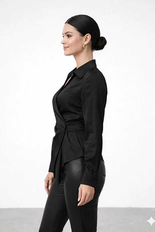 EKOL Yandan Düğmeli Uzun Kol  Bluz 2826 - Siyah