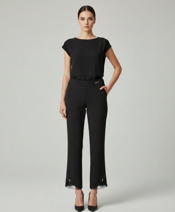 EKOL Paçası Dantel Detaylı Pantolon 4922 - Siyah