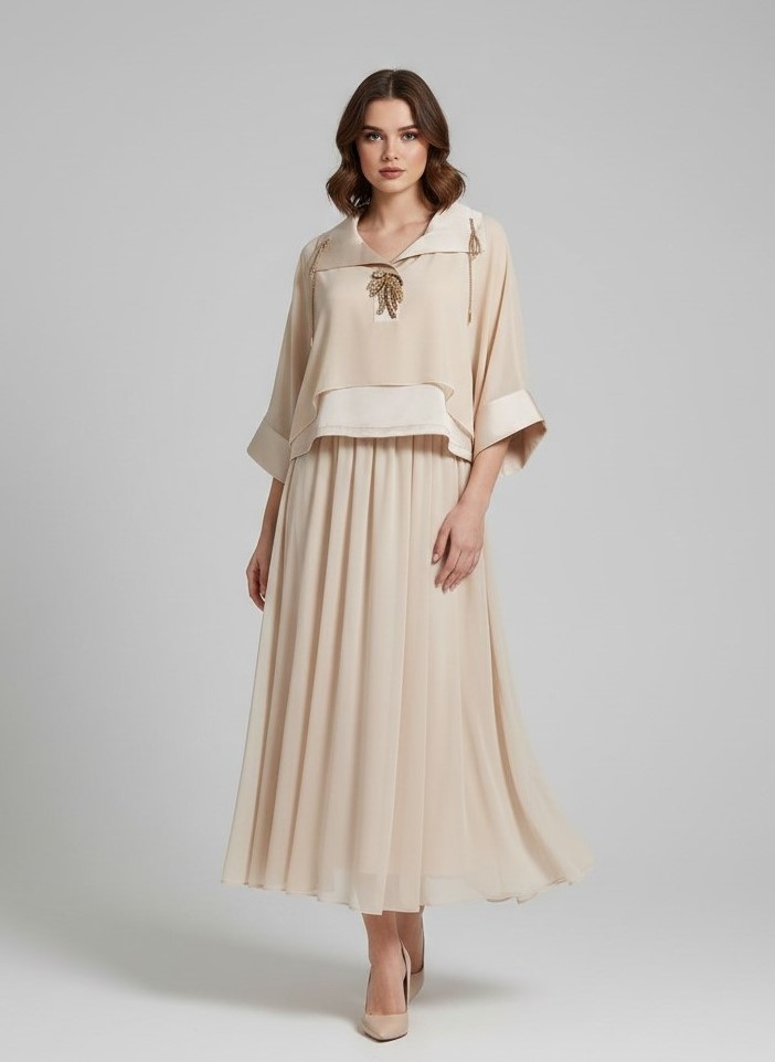 MY312 Yakası İşlemeli Etekli Takım 1645 - BEJ