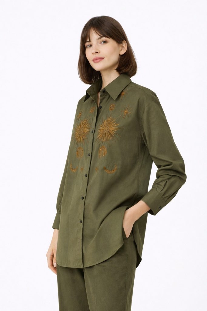 EKOL Boncuk İşlemeli Gömlek 2818 - HAKİ