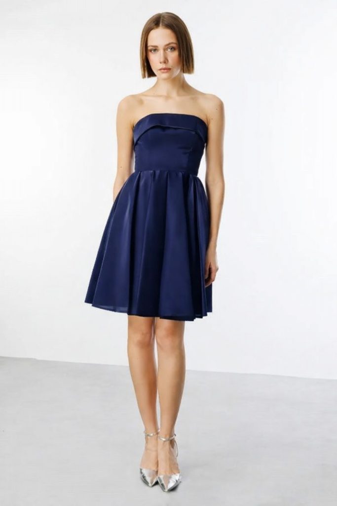 EKOL Eteği Piliseli Straplez Elbise 5096 - Lacivert