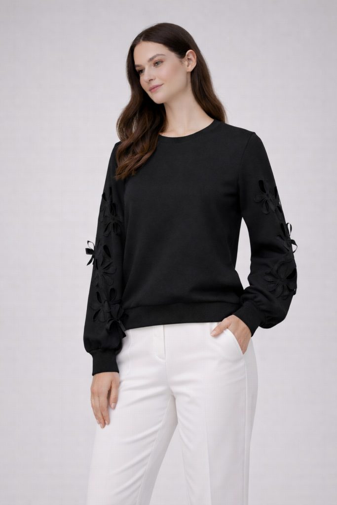 ON TRİKO Çiçek Detaylı Sweat 70351 - Siyah