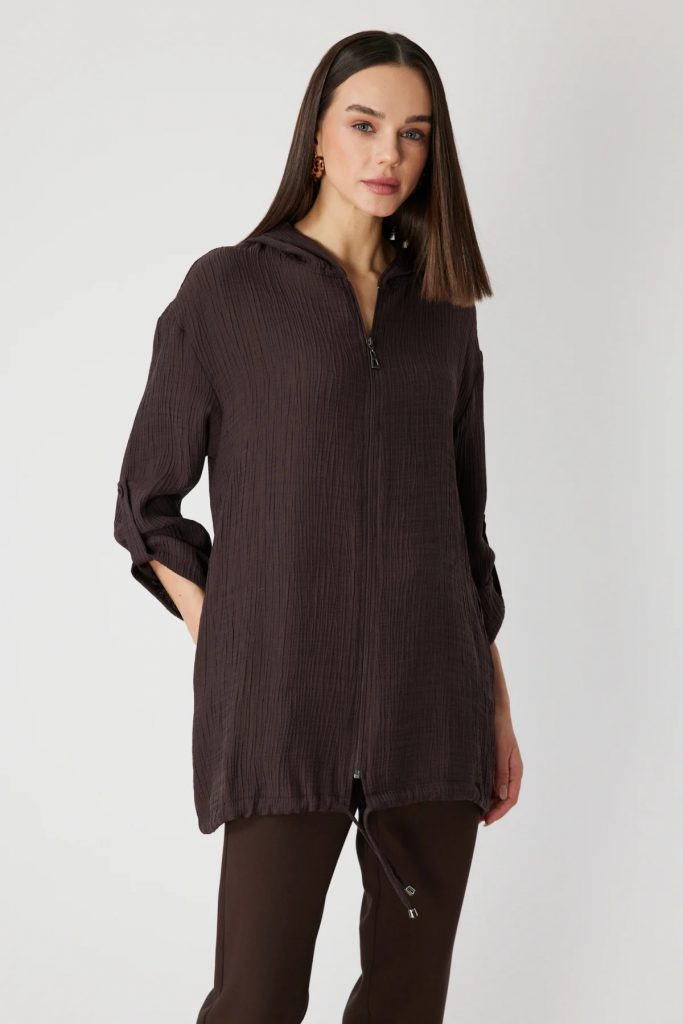 ON TRİKO Kendinden Desenli Kapüşonlu Hırka 72701 - kahve