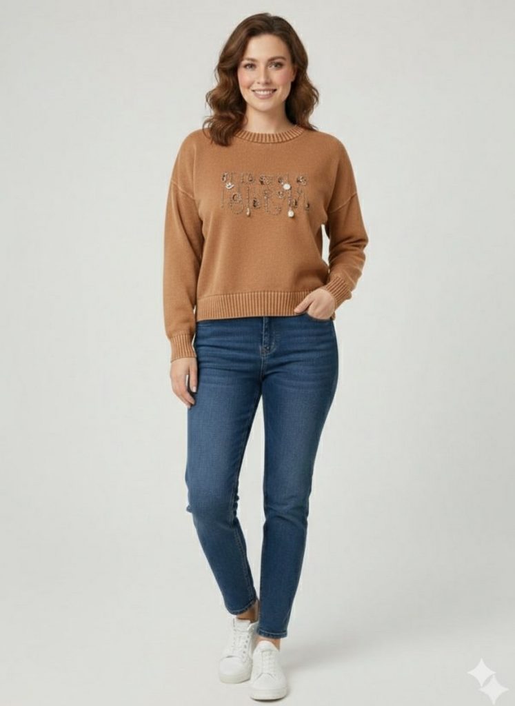 BDK TRİKO Aksesuar İşlemeli Bluz 161-1 - camel