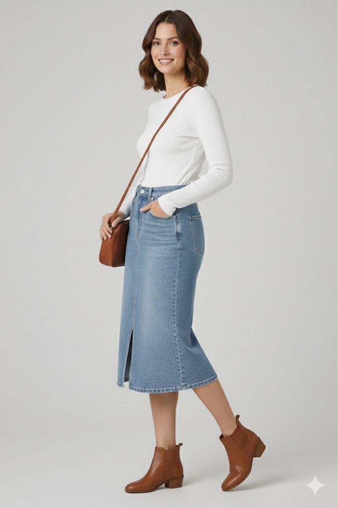 EKOL Önü Yırtmaçlı Midi Kot Etek 3042 - MAVİ