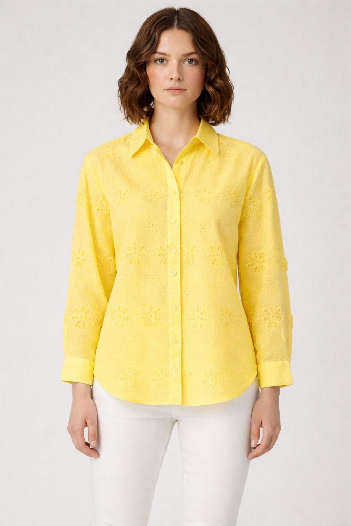 EKOL Çiçek Nakışlı Gömlek 2916 - SARI