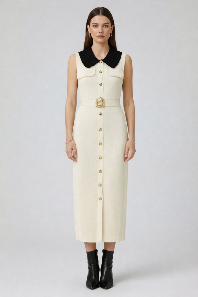 ON TRİKO Önlük Yaka Beli Kemerli Süs Düğmeli Elbise 70412 - EKRU