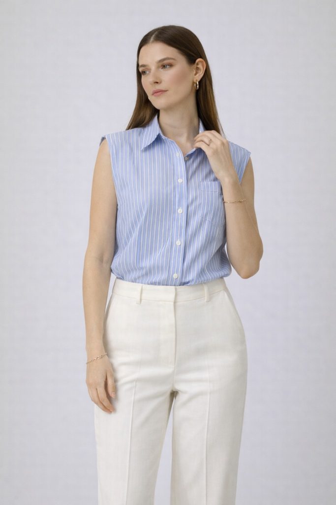 ON TRİKO Cepli Sıfır Kol Gömlek 72311 - MAVİ