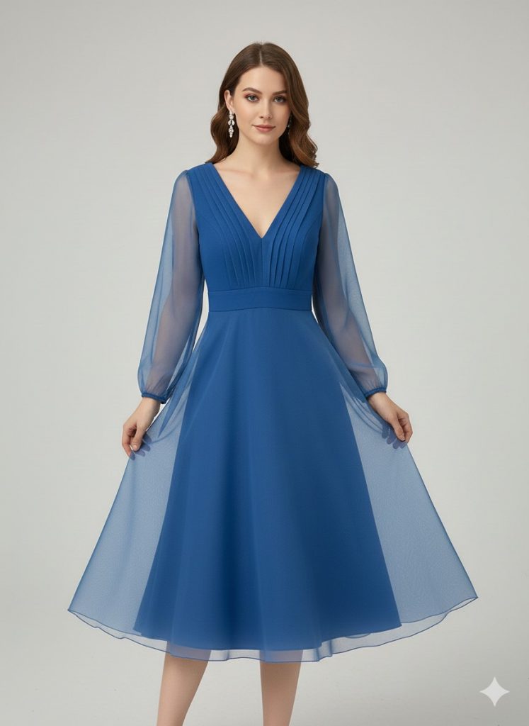 DORİDORCA V Yaka Abiye Elbise  3037 - İNDİGO