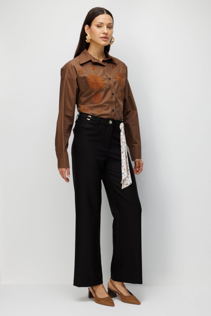 EKOL Beli Metal Aksesuarlı Bol Paça Pantolon  4010 - Siyah