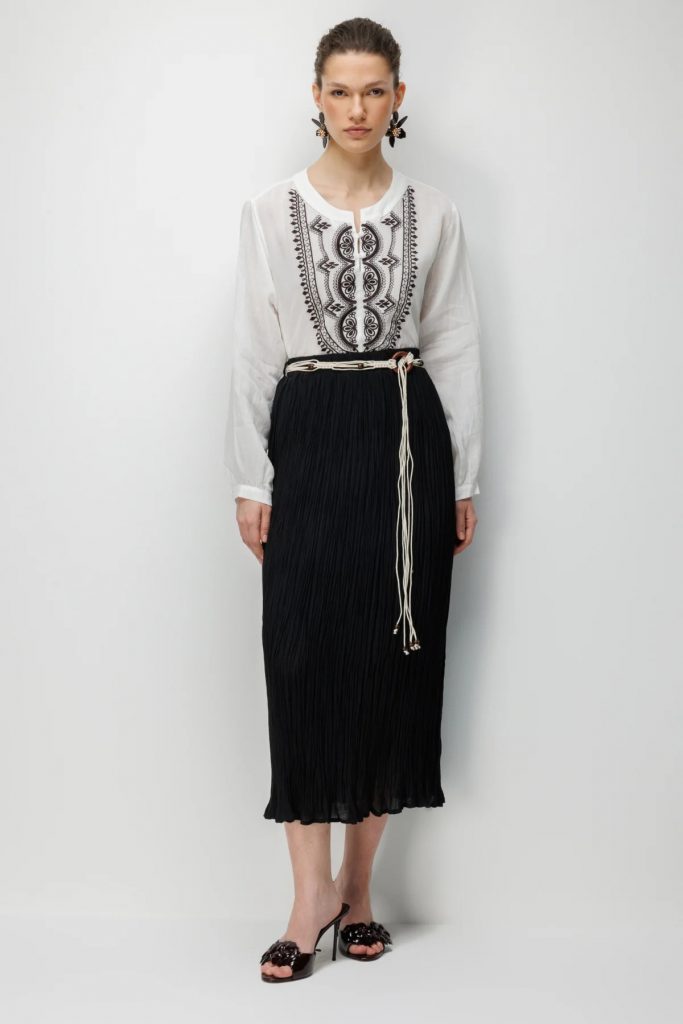 EKOL Süs Kemerli Pamuklu Maxi Etek 3908 - Siyah