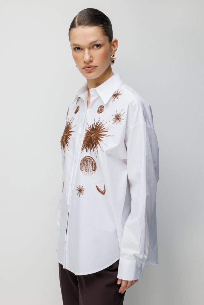 EKOL İşlemeli Oversize Pamuk Gömlek 2818 - EKRU