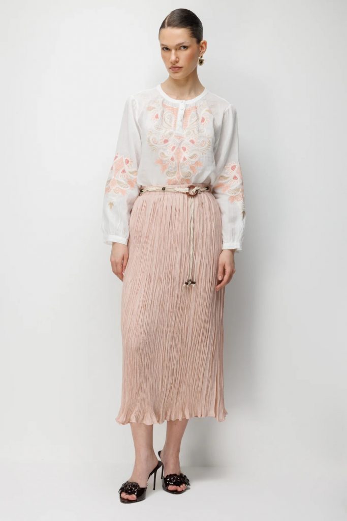 EKOL Süs Kemerli Pamuklu Maxi Etek 3908 - PUDRA