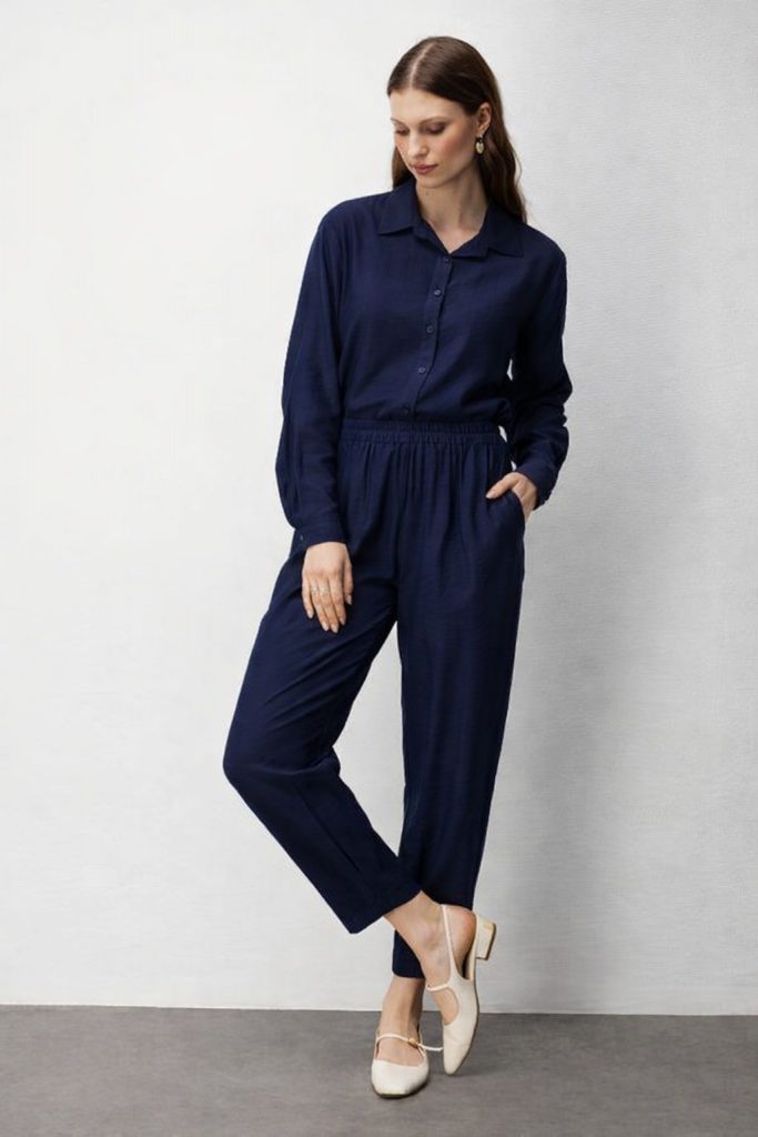 ON TRİKO Paçası Pileli Bilek Boy Pantolon 72317 - Lacivert