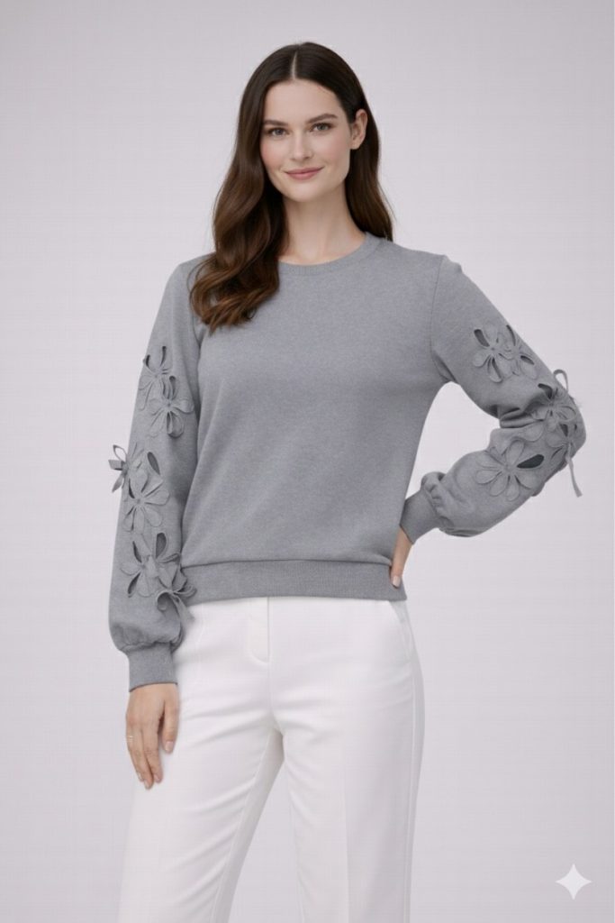 ON TRİKO Çiçek Detaylı Sweat 70351 - GRİ