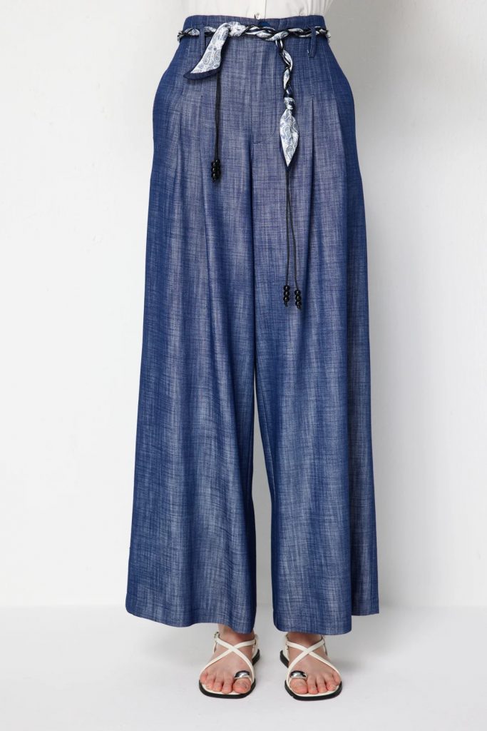ON TRİKO Beli Kuşaklı Geniş Paça Pantolon 74119 - İNDİGO