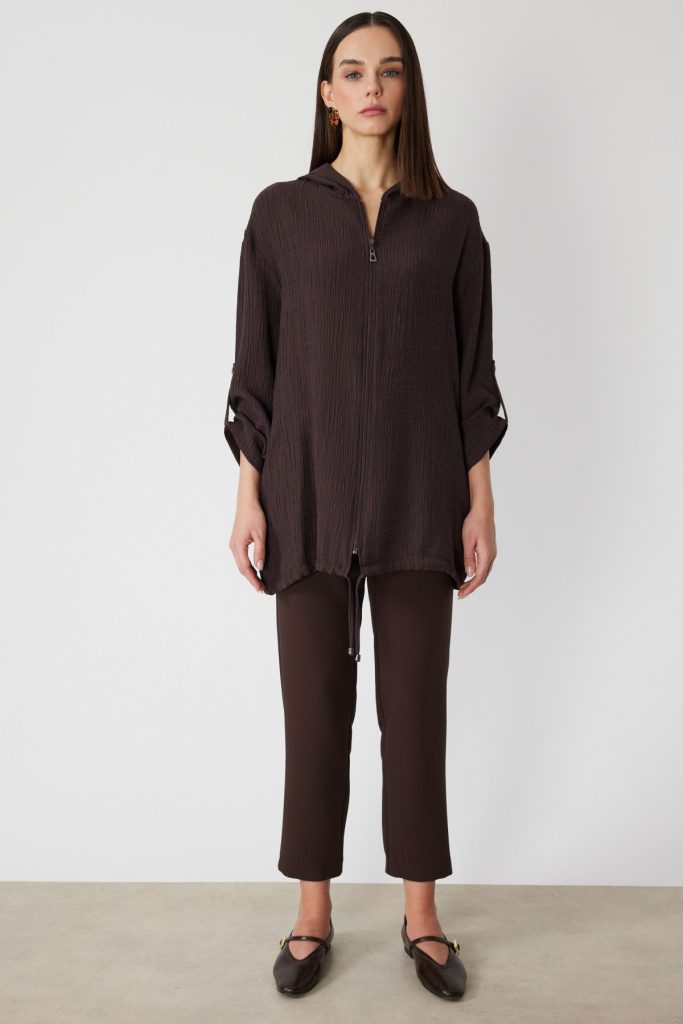 ON TRİKO Kendinden Desenli Kapüşonlu Hırka 72701 - kahve