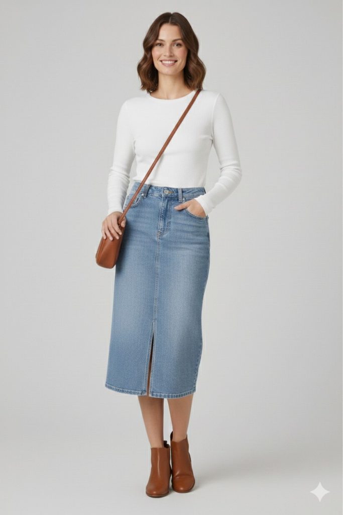 EKOL Önü Yırtmaçlı Midi Kot Etek 3042 - MAVİ