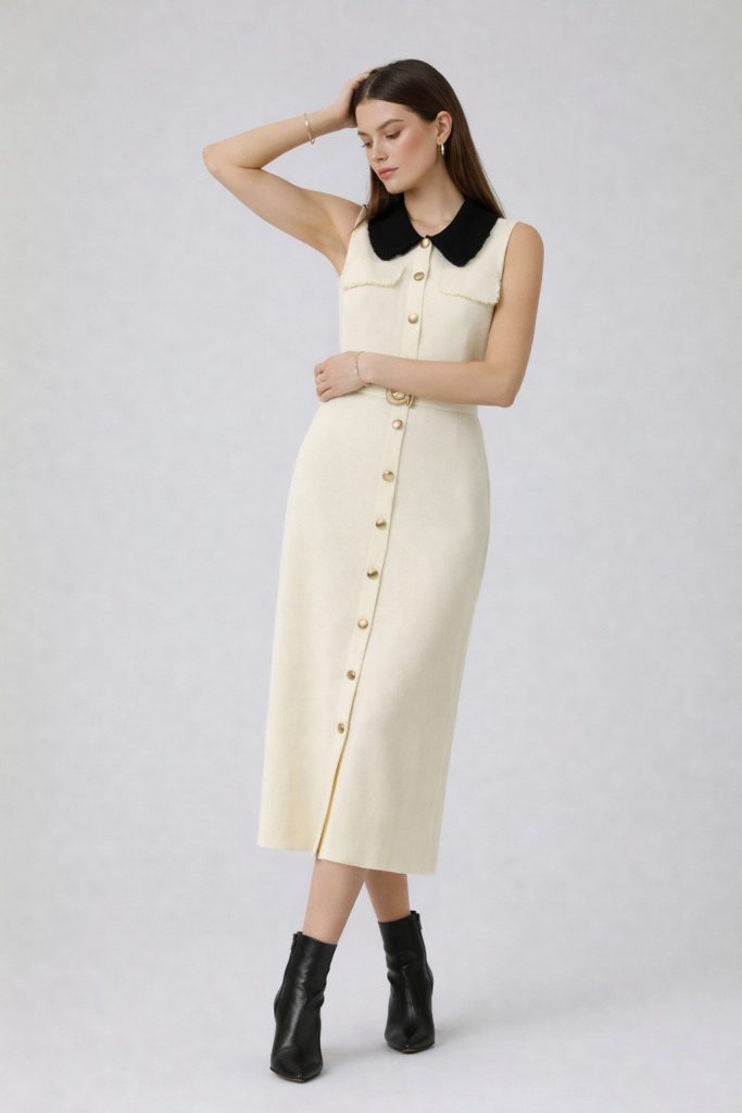 ON TRİKO Önlük Yaka Beli Kemerli Süs Düğmeli Elbise 70412 - EKRU