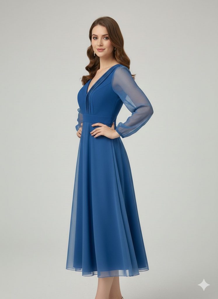 DORİDORCA V Yaka Abiye Elbise  3037 - İNDİGO