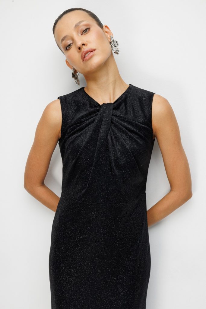 EKOL Büzgü Detaylı Sırt Dekolteli Simli Elbise 6094 - Siyah