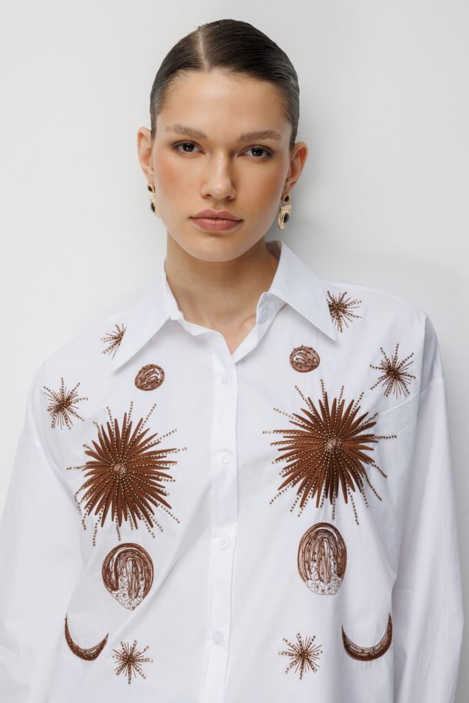 EKOL İşlemeli Oversize Pamuk Gömlek 2818 - EKRU