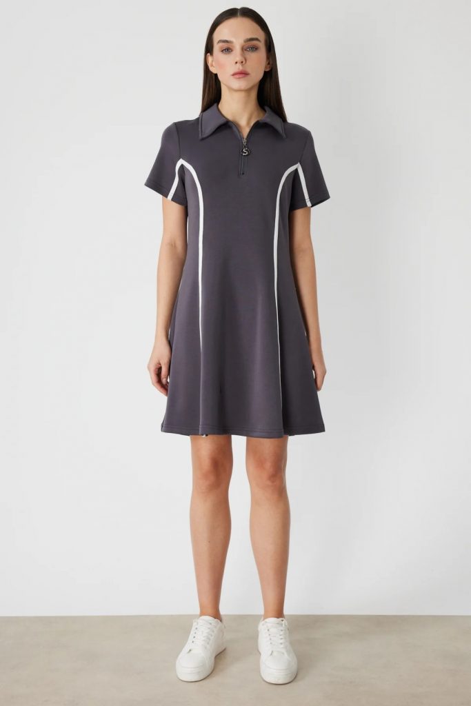 ON TRİKO Çizgi Detaylı Elbise 76483 - ANTRASİT