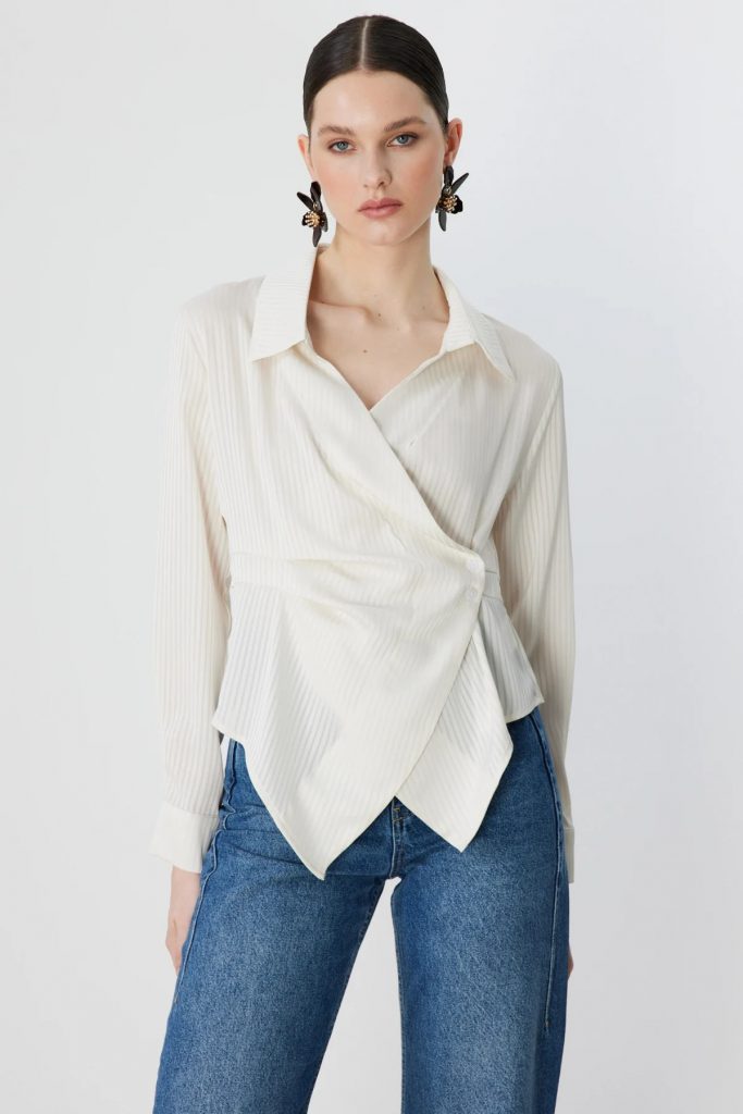 EKOL Yandan Düğmeli Uzun Kol  Bluz 2826 - EKRU