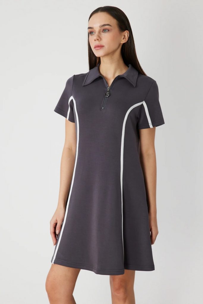 ON TRİKO Çizgi Detaylı Elbise 76483 - ANTRASİT