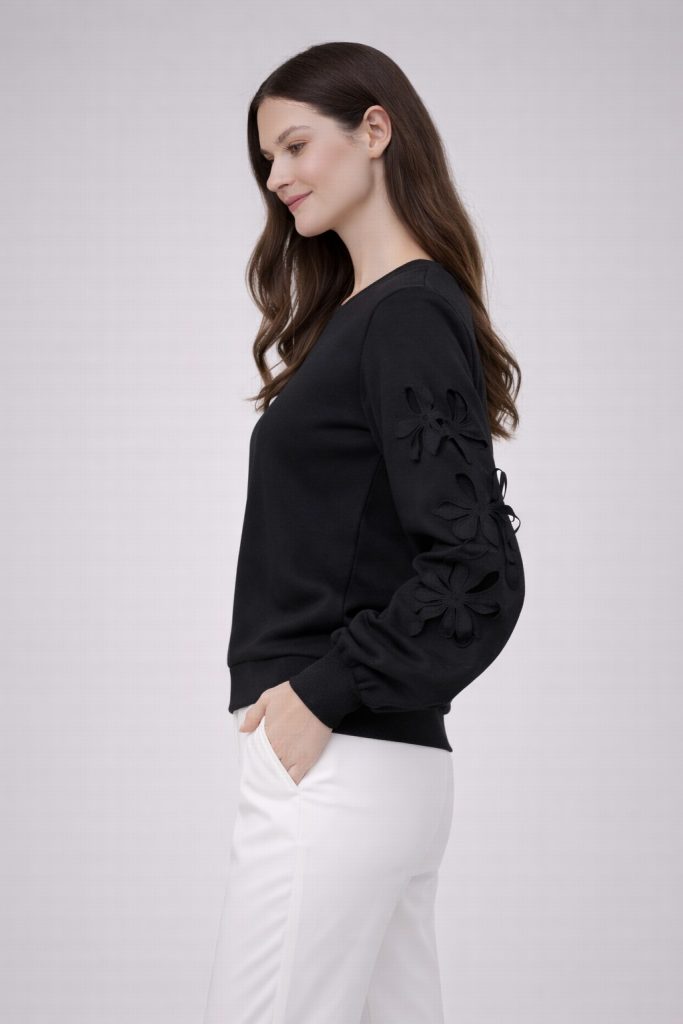 ON TRİKO Çiçek Detaylı Sweat 70351 - Siyah