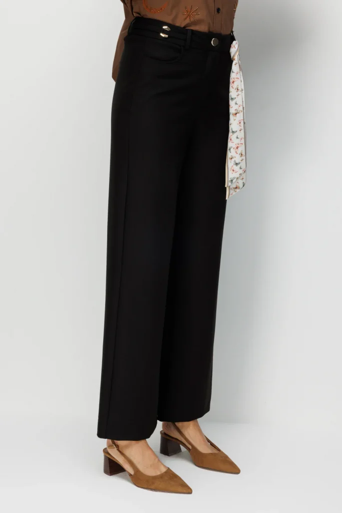 EKOL Beli Metal Aksesuarlı Bol Paça Pantolon  4010 - Siyah