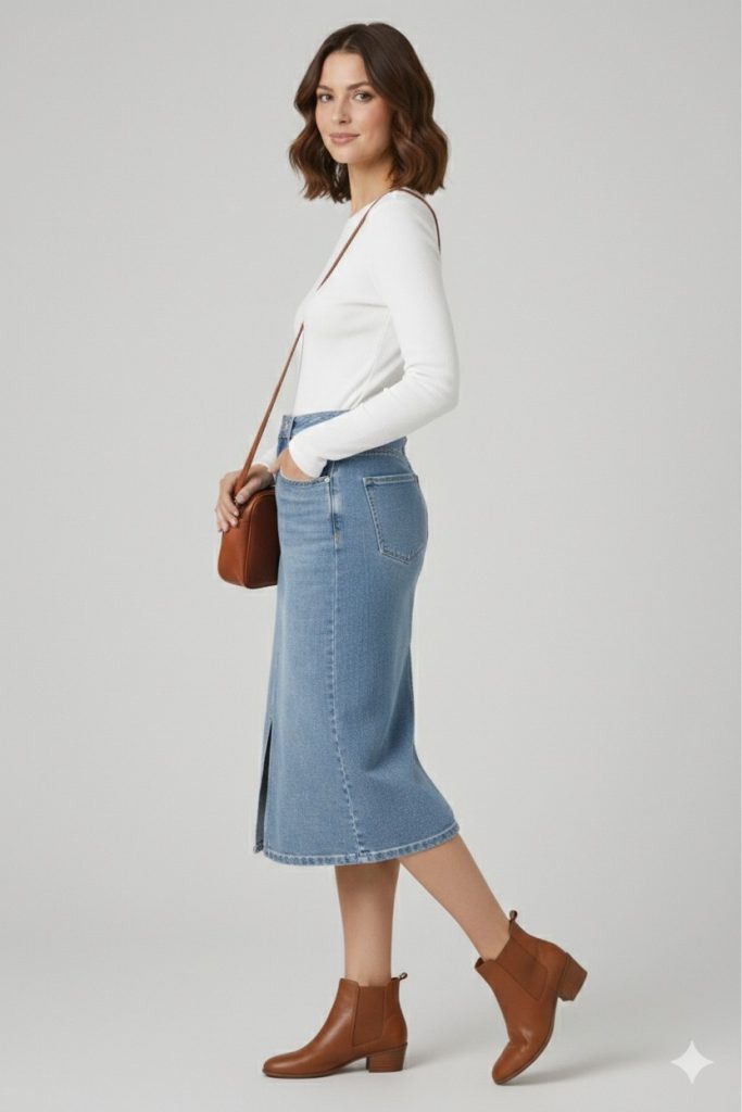 EKOL Önü Yırtmaçlı Midi Kot Etek 3042 - MAVİ