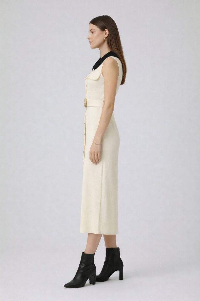 ON TRİKO Önlük Yaka Beli Kemerli Süs Düğmeli Elbise 70412 - EKRU