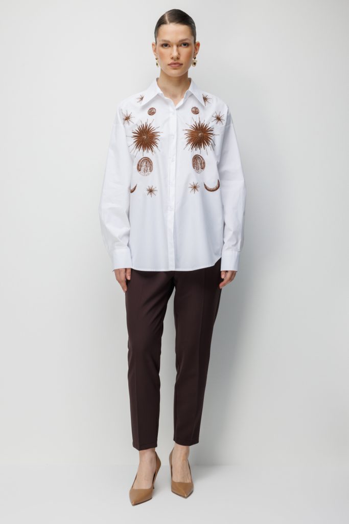 EKOL İşlemeli Oversize Pamuk Gömlek 2818 - EKRU