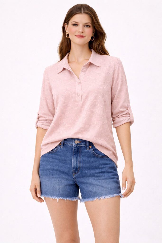 ON TRİKO İşlemeli Bluz 71342 - PUDRA